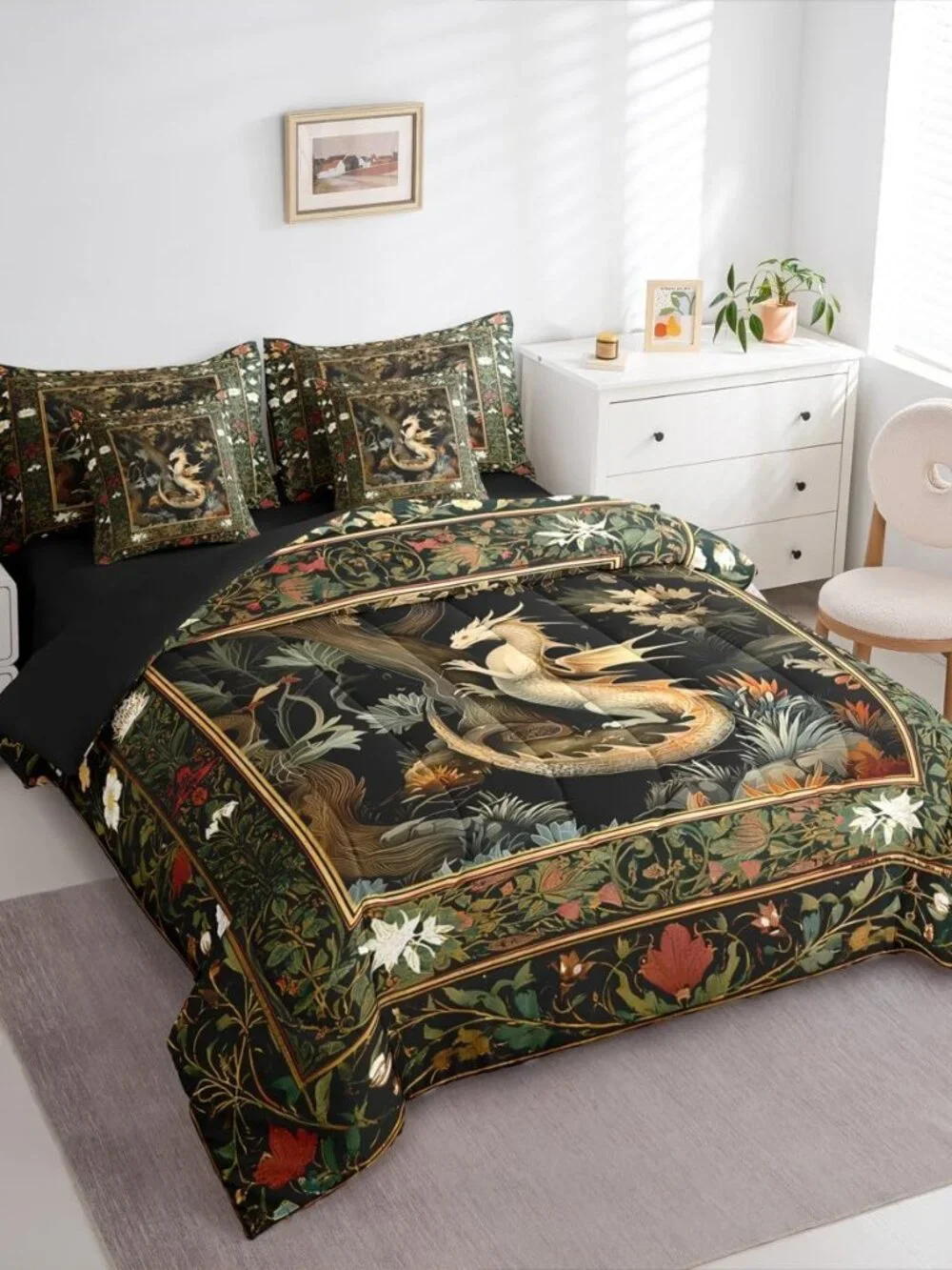 Western Dragon Comforter Country Style Flowers Leaves Bedding Set Twin Size 7 Pc